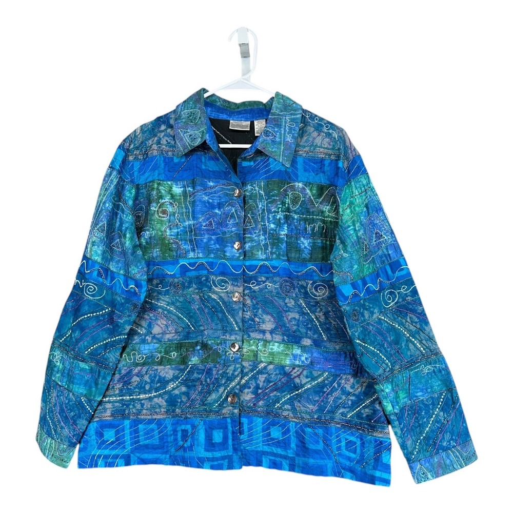 Chico's 3 100% Silk Blue Patchwork Button Jacket … - image 1